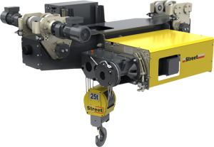 A yellow ZX wire rope hoist capable of lifting 25 tonne