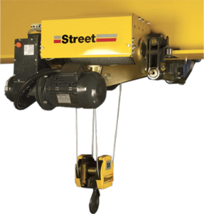A yellow ZX wire rope hoist capable of lifting 5 tonne