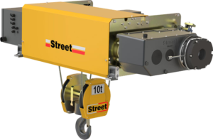 A yellow ZX wire rope hoist capable of lifting 10 ton