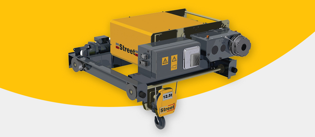 A yellow circle around a wire rope hoist