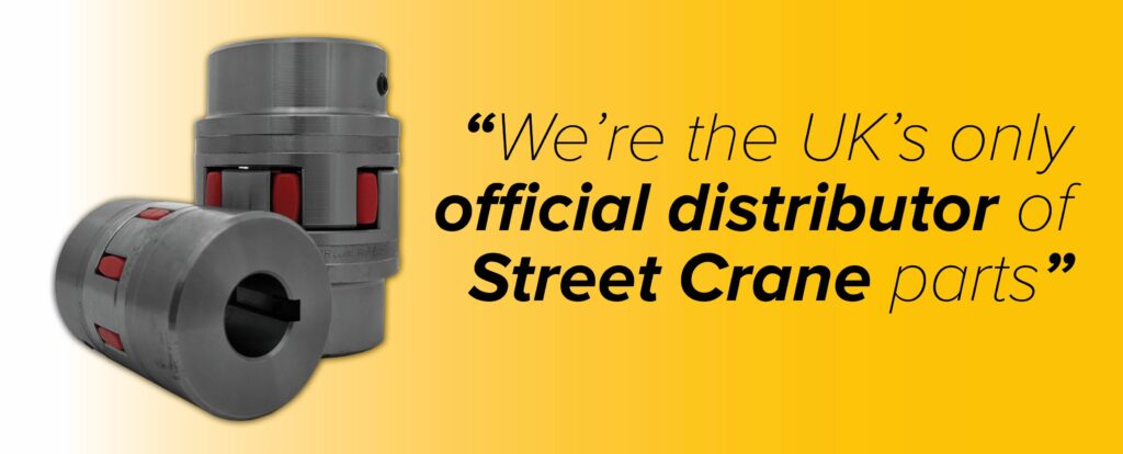 Two overhead crane spare parts with text in quotation marks "We're the UK's only official distributor of Street Crane parts".